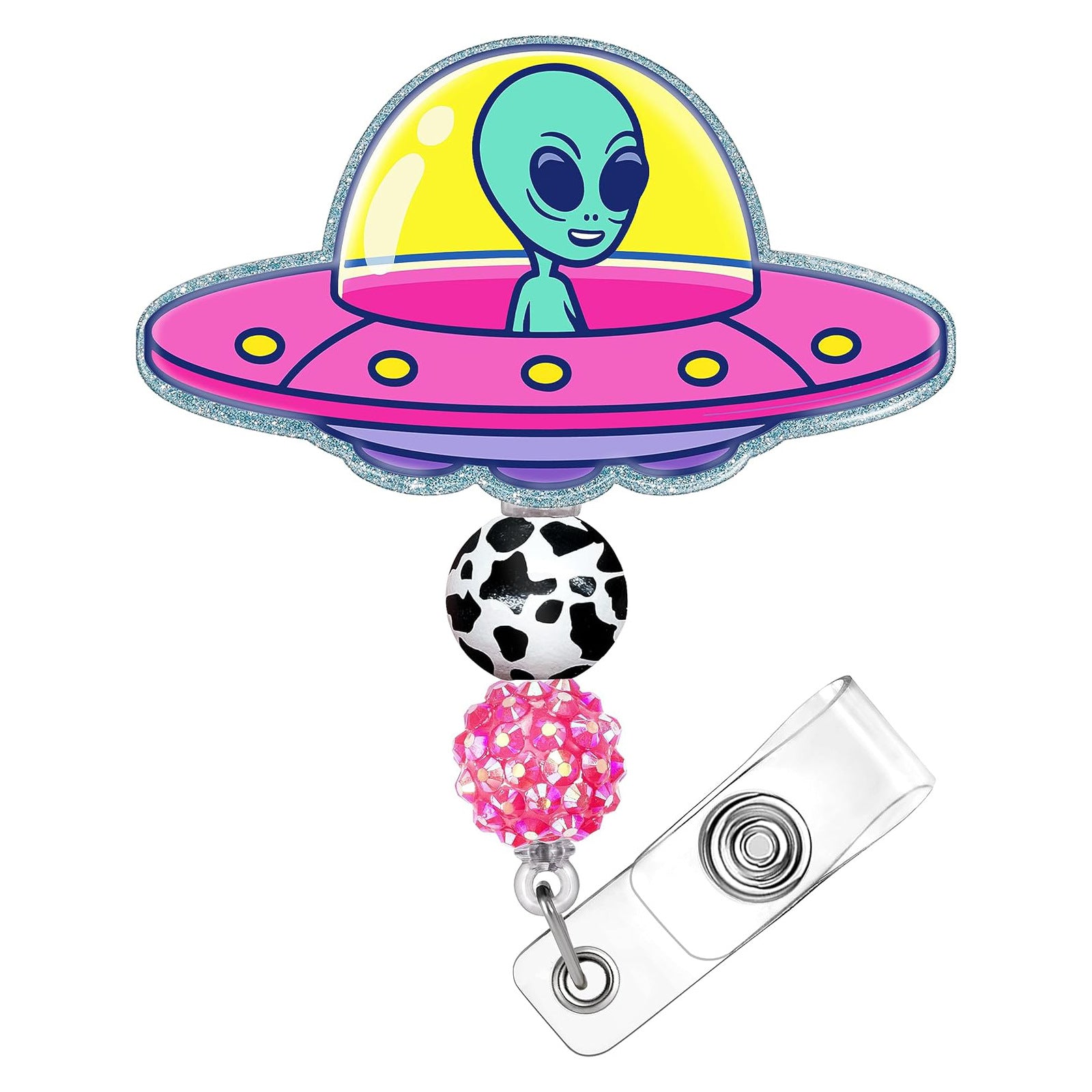 Wholesale Badge Reels Rainbow Cow Acrylic Beaded Ball Badge Scroll Retractable Keychain